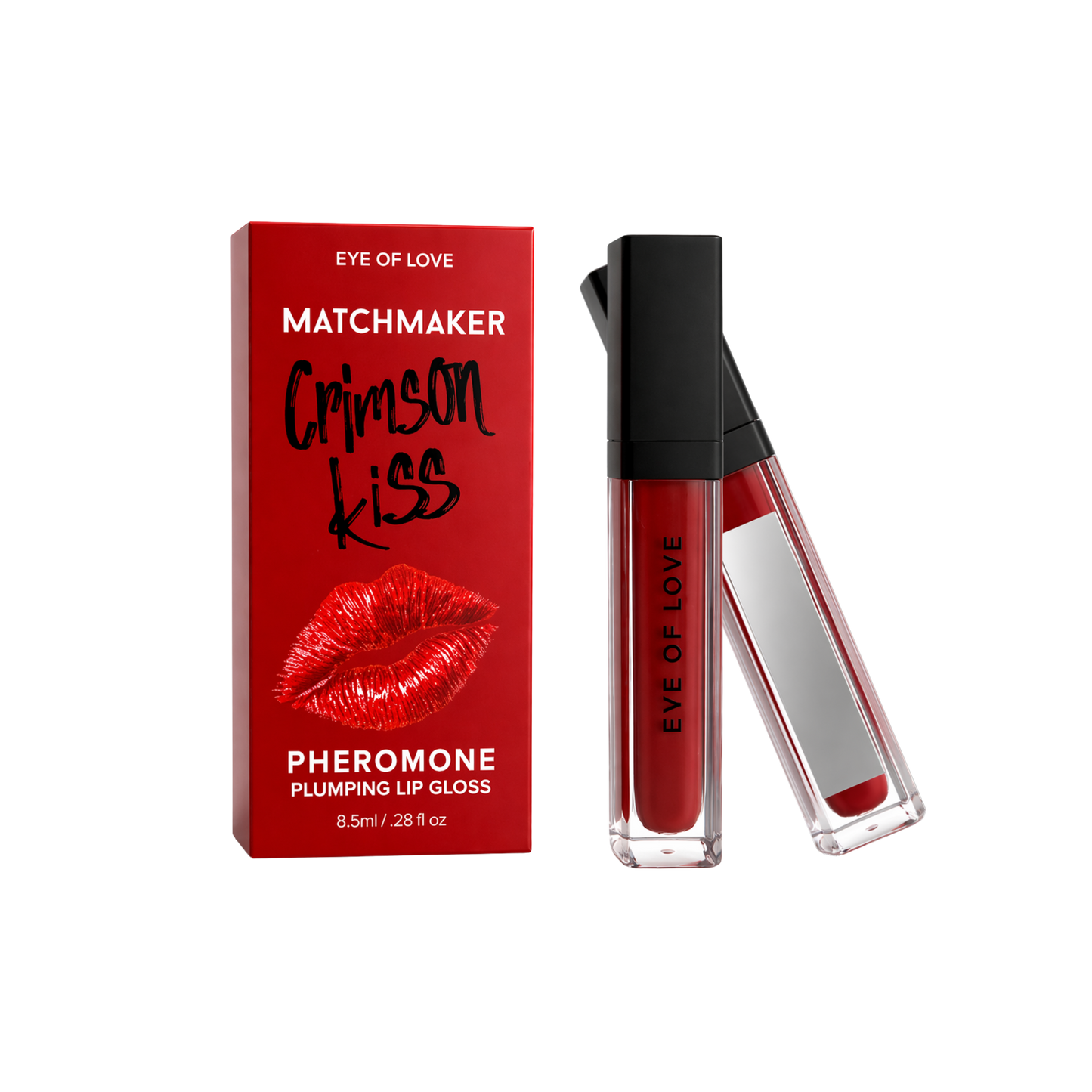 Red lip gloss with packaging labeled 'Eye of Love Matchmaker Crimson Kiss' on a white background
