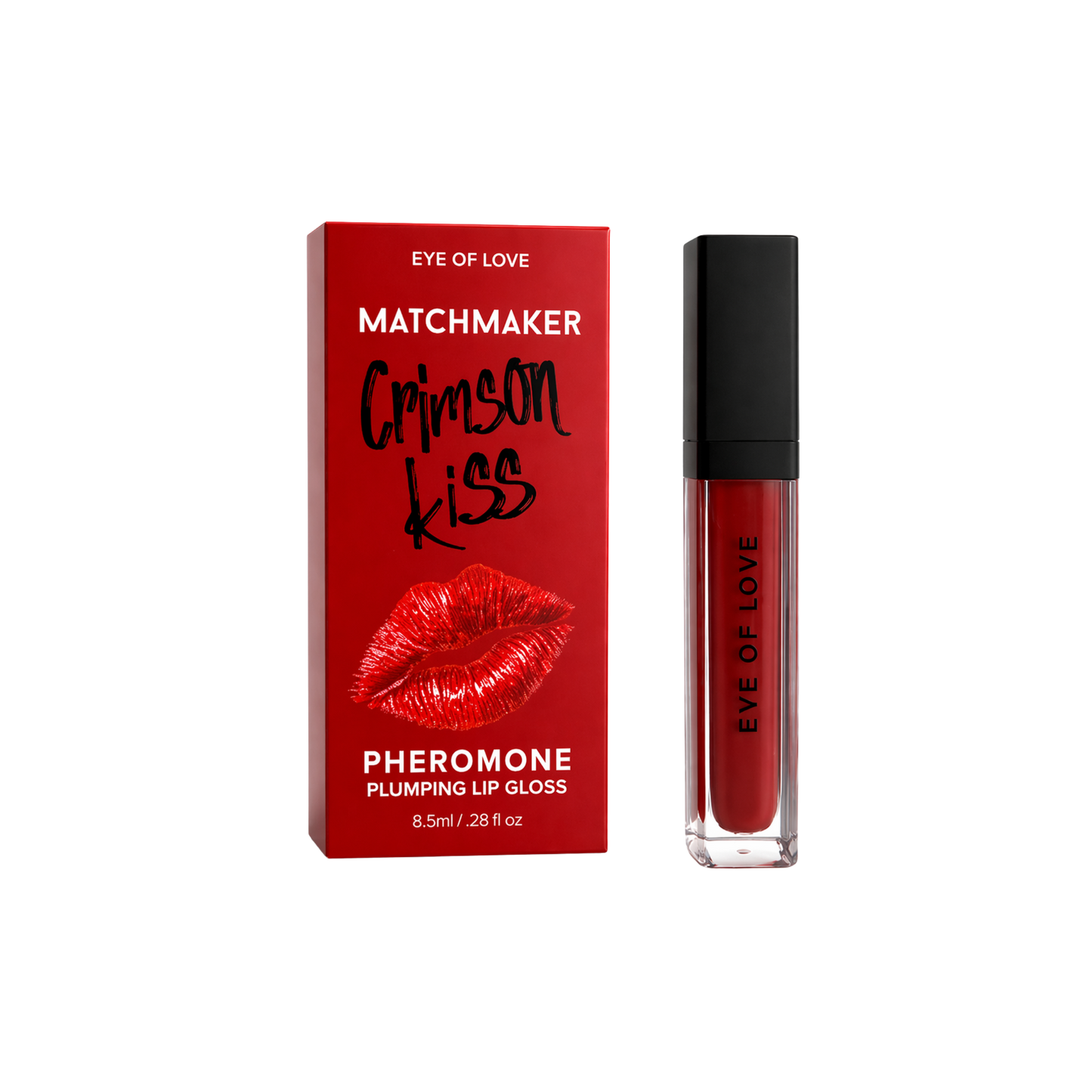 Red lip gloss with packaging labeled 'Crimson Kiss' and 'Eye of Love' on a white background