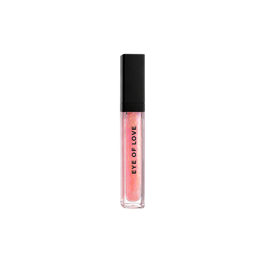 Lip gloss with black cap and visible brand name on a white background