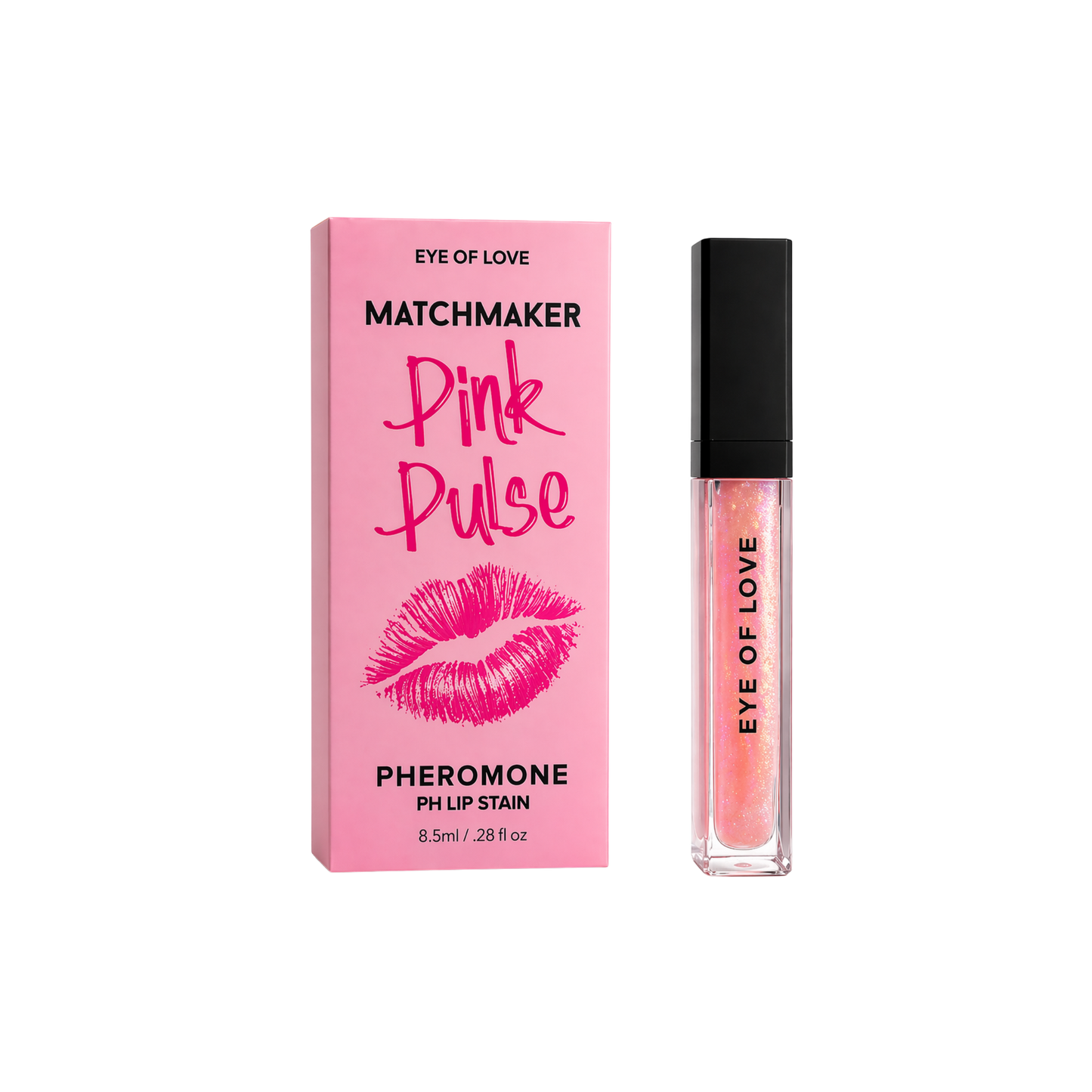 Pink lip stain with packaging labeled 'Matchmaker Pink Pulse' on a white background