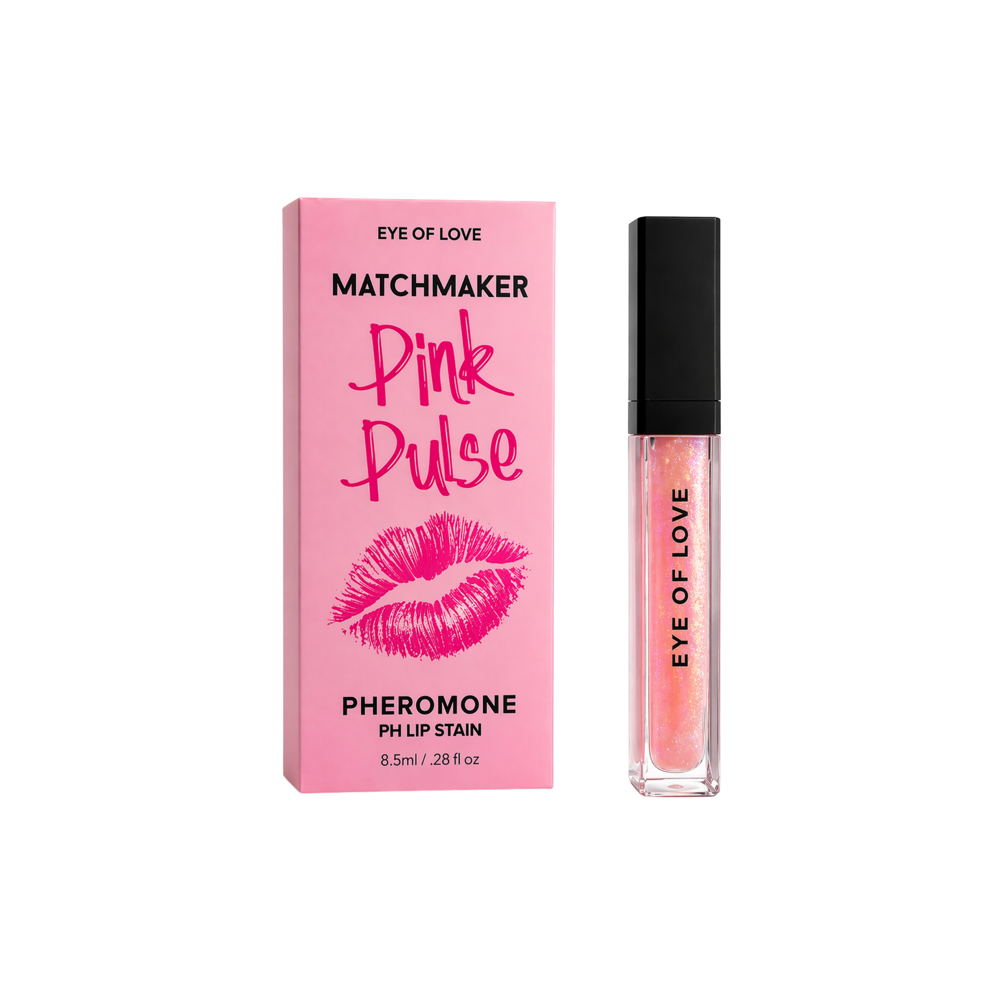 Pink lip stain with packaging labeled 'Matchmaker Pink Pulse' on a white background