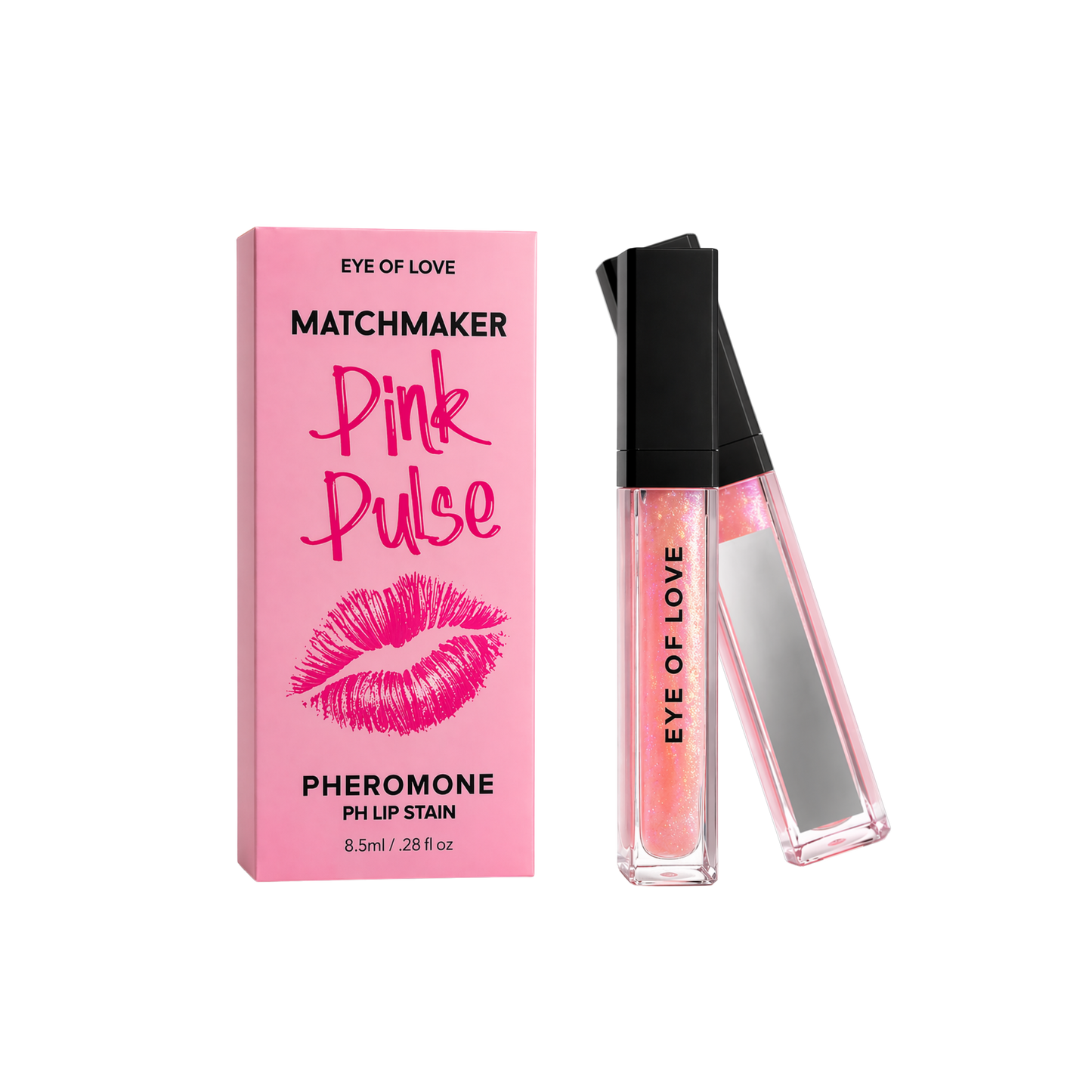 Pink lip stain with packaging labeled 'Matchmaker Pink Pulse' on a white background