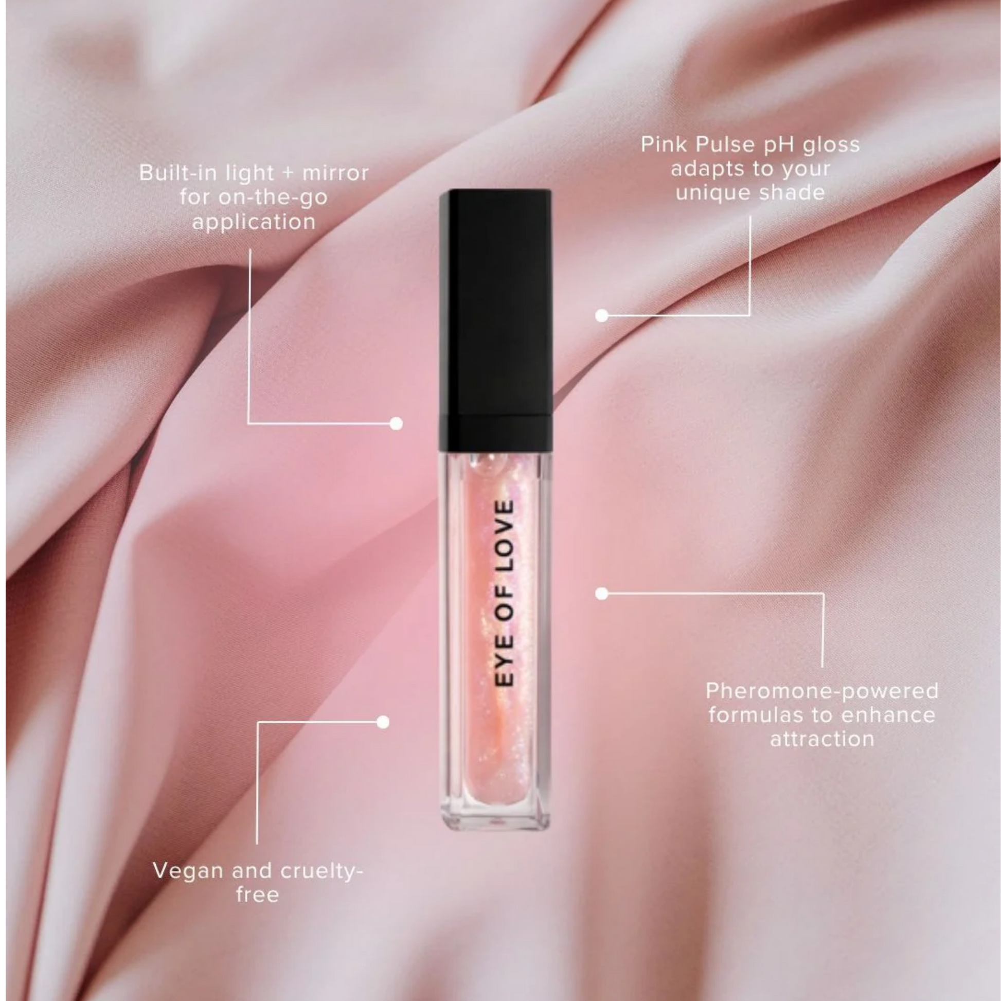 Pink lip gloss with product features on a pink fabric background