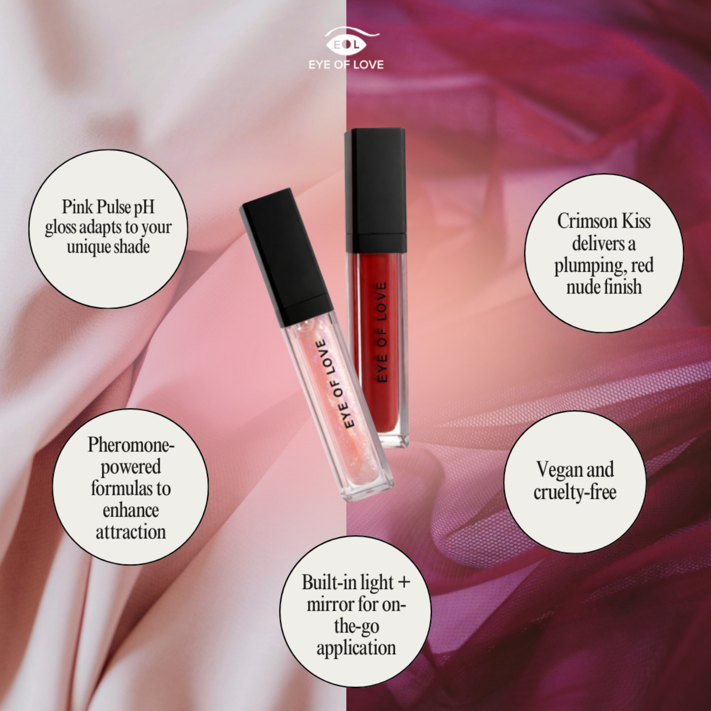 Two lip products with text describing features on a pink and red gradient background.