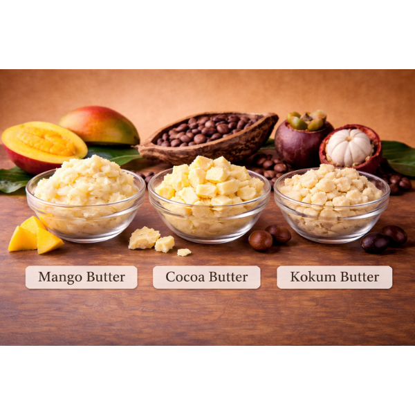 Three bowls of different butters on a wooden surface with labeled names Mango butter, Cocoa butter, Kokum Butter